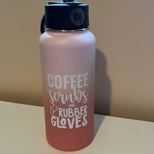 water bottle for healthcare, color pink coffee scrubs and rubber gloves
